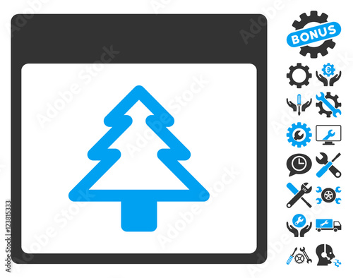 Fir Tree Calendar Page pictograph with bonus setup tools pictograms. Vector illustration style is flat iconic symbols, blue and gray, white background.