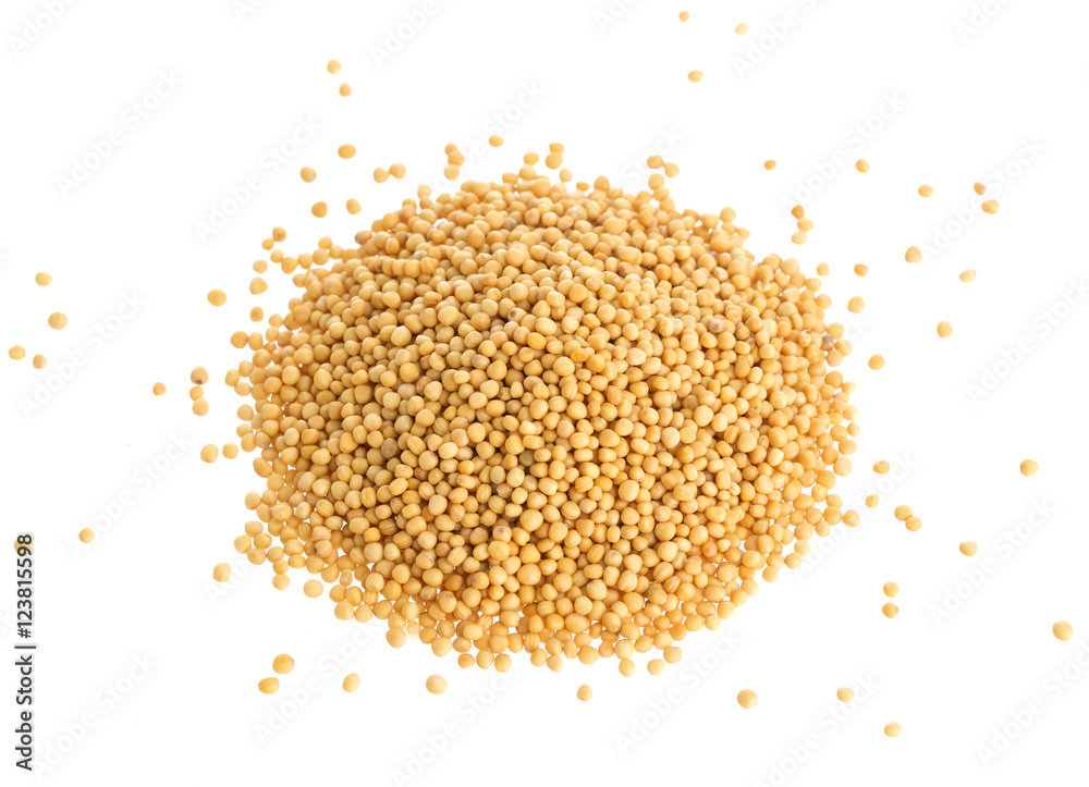 Pile of yellow mustard seeds isolated on white background, with clipping path Pile of yellow mustard seeds isolated on white background, with clipping path