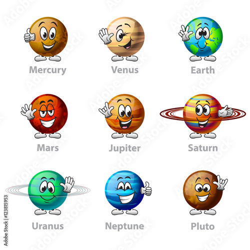 Funny cartoon planets icons vector set