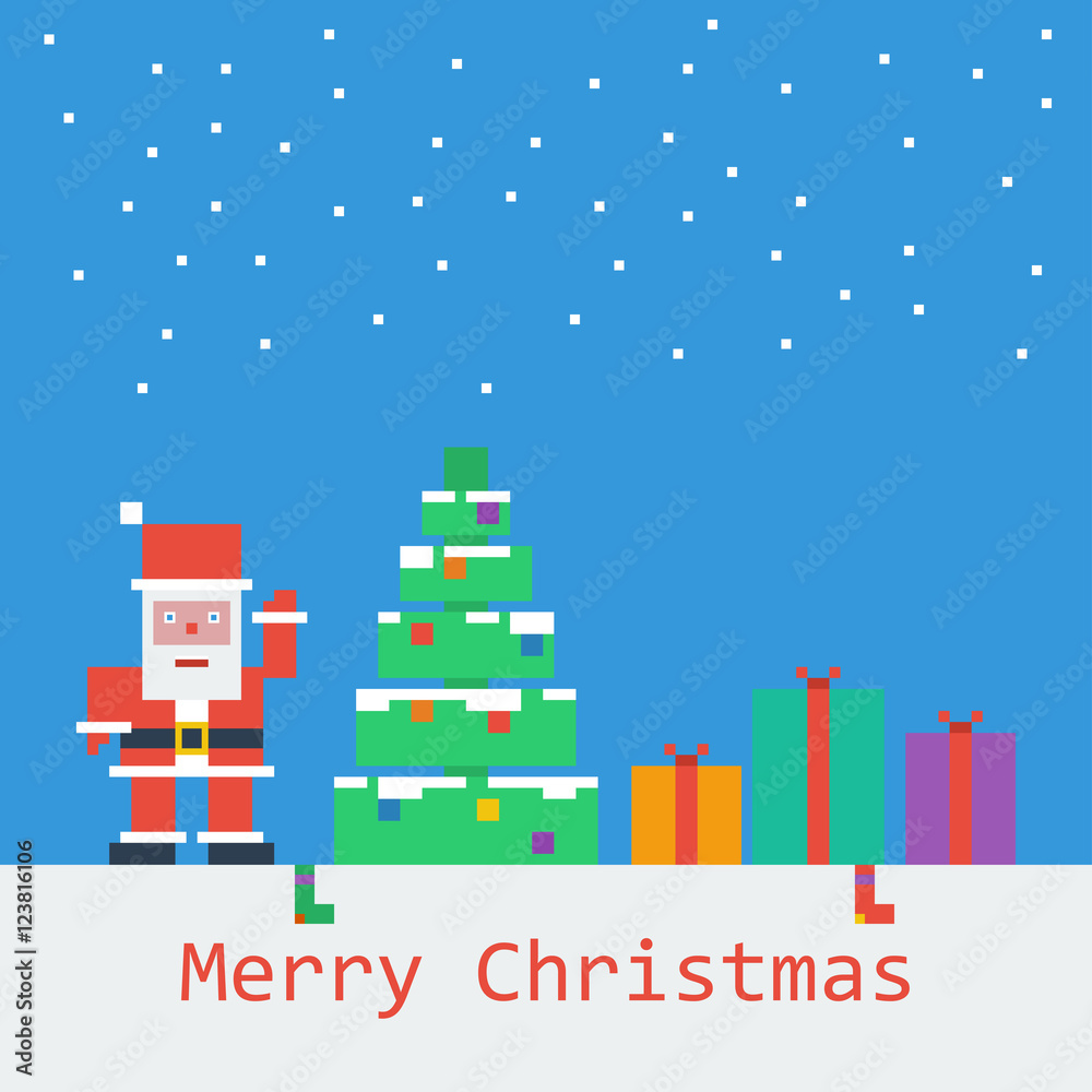 Vector Merry Christmas poster. Flat pixel art.