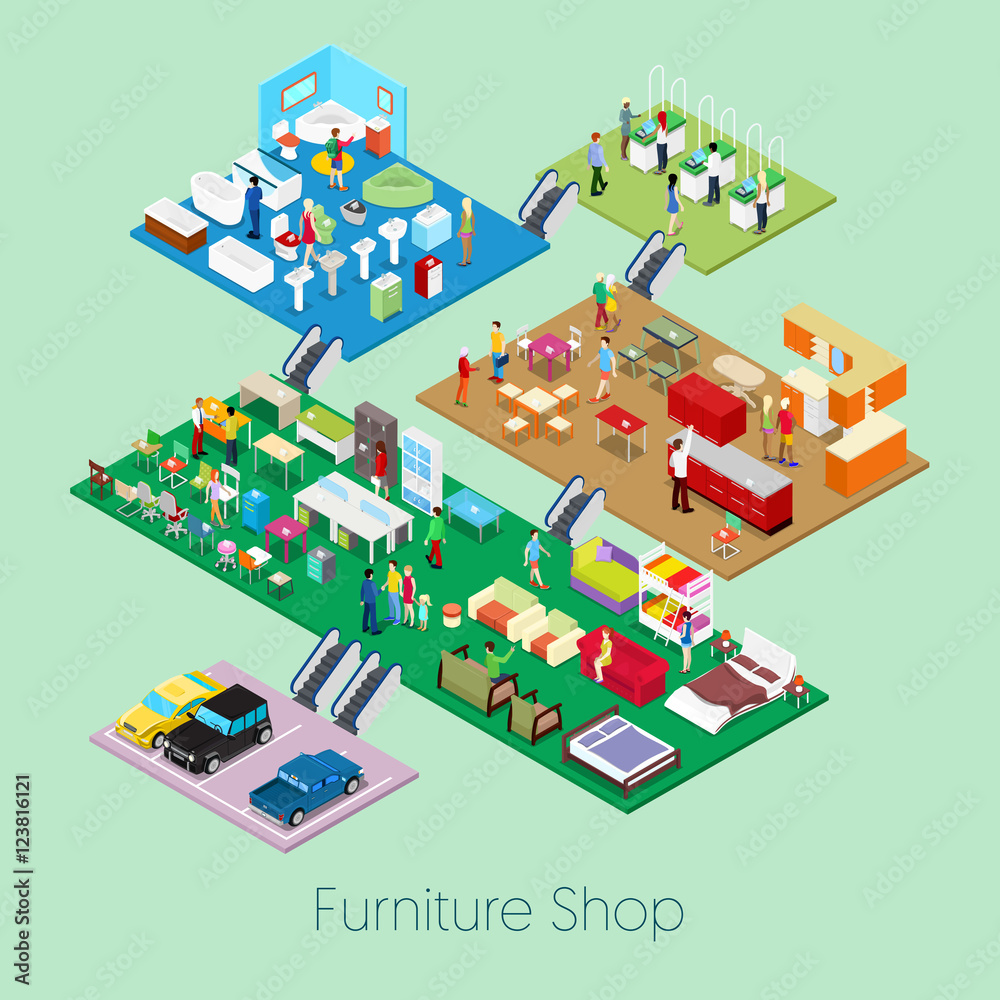 Isometric Furniture Shop Inside with Kitchen, Bathroom and Living Room Furniture. Vector 3d flat illustration