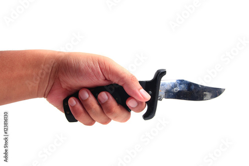 a hand holding a knife isolated on white background photo