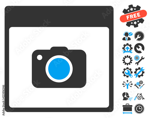 Photo Camera Calendar Page pictograph with bonus settings design elements. Vector illustration style is flat iconic symbols, blue and gray, white background.