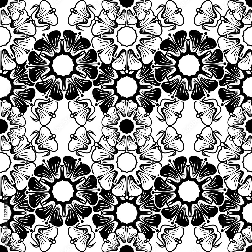 Black and white beautiful seamless floral pattern. Abstract flowers silhouettes. Vector clip art.