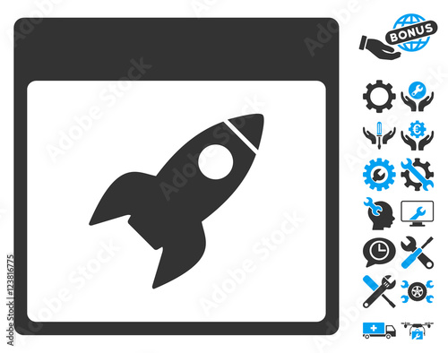 Rocket Calendar Page pictograph with bonus tools icon set. Vector illustration style is flat iconic symbols, blue and gray, white background.