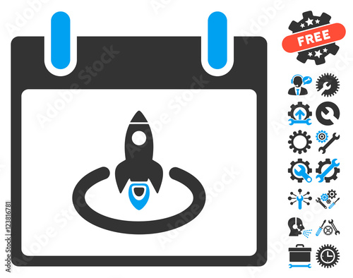 Rocket Start Calendar Day pictograph with bonus settings pictograms. Vector illustration style is flat iconic symbols, blue and gray, white background.