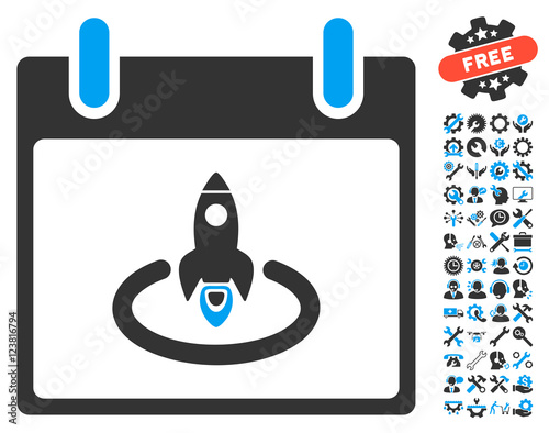 Rocket Start Calendar Page icon with bonus service pictograms. Vector illustration style is flat iconic symbols, blue and gray, white background.