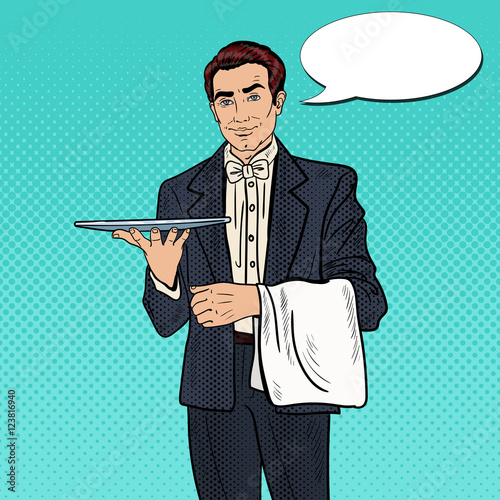 Pop Art Professional Waiter Man Holding Empty Tray. Vector illustration