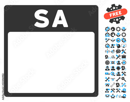 Saturday Calendar Page pictograph with bonus setup tools graphic icons. Vector illustration style is flat iconic symbols, blue and gray, white background.