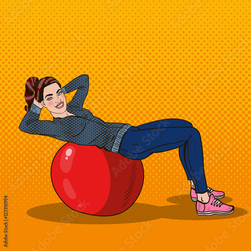 Pop Art Smiling Fit Woman Exercising on Fitness Ball in Gym. Vector illustration