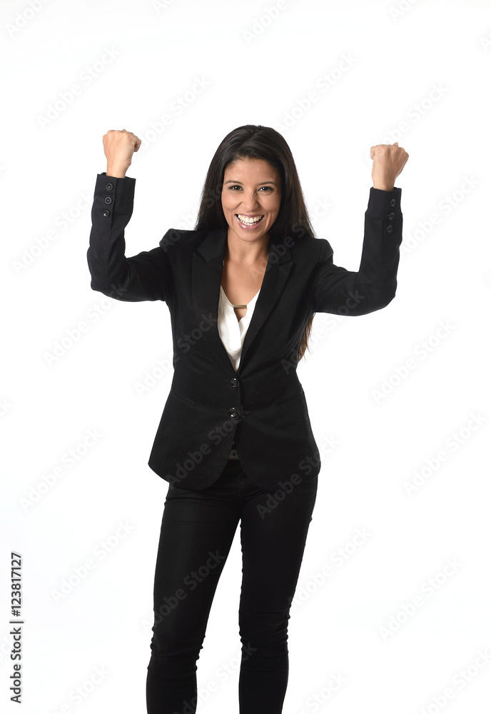 latin businesswoman wearing office formal suit smiling happy rising arms in victory latin businesswoman wearing office formal suit smiling happy rising arms in victory