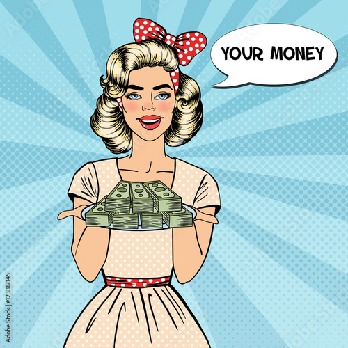 Pop Art Beautiful Woman Holding a Plate with Money. Vector illustration