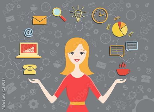 Vector illustration of young business woman, personal assistant or hard working secretary. Busy secretary managing her work with a smile. Business idea concept with icons of office work and ecommerce