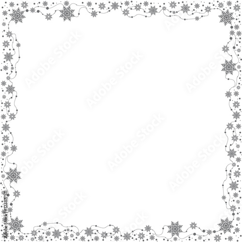gray snowflakes on white background vector frame, christmas border, square size