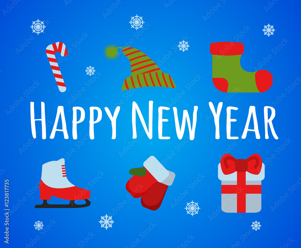 Happy New Year set sign and logo on blue background. Vector Illustration. Happy New Year set sign and logo on blue background. Vector Illustration.