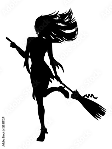Girl with a broom in witch costume. Halloween witch silhouette. Vector clip art.