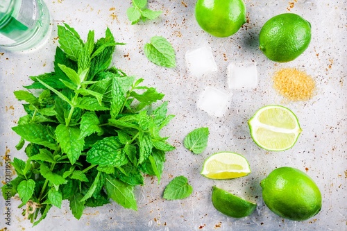 mint, lime, ice, sugar for mojito cocktail