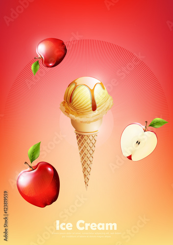 Ice cream in the cone, Pour apple syrup and a lot of apple background, transparent Vector