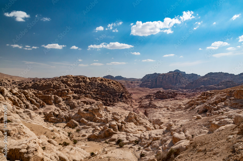 panoramic view to the ruins of the roman great temple in ancient petra, jordan