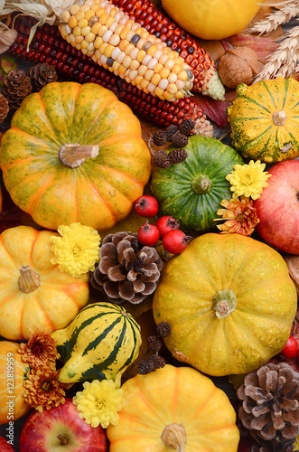 Fall background with pumpkins, top view