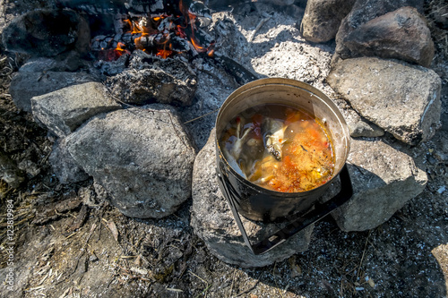 A pot of freshly made fish soup on an open fire in the woods