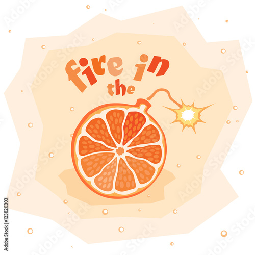 Creative tangerine bomb with sparkling wick. The orange reticulated slice hints at an emotional explosion, and the lettering refers to the well-known idiom 'Fire in the hole!' 