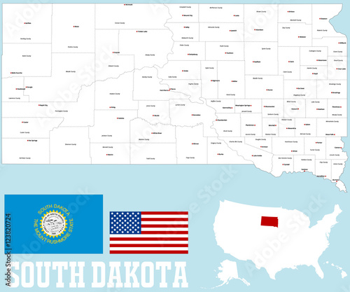 A large and detailed map of the State of South Dakota with all counties and county seats photo