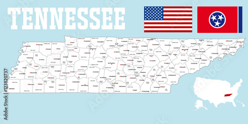A large and detailed map of the State of Tennessee with all counties and county seats photo