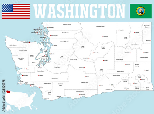 A large and detailed map of the State of Washington with all counties and county seats photo