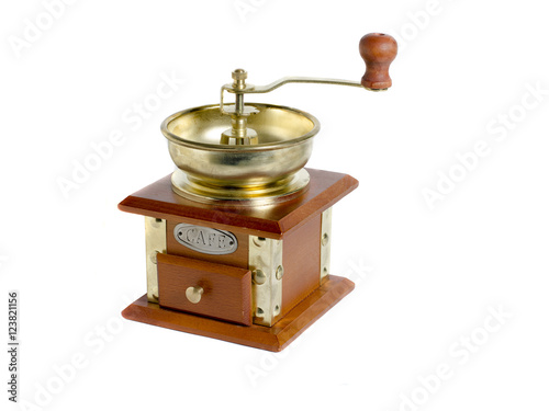 Wooden coffee grinder with handle isolated on white background