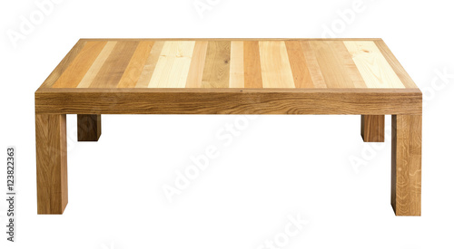 Coffee table with top made of different wood types. White background, isolated