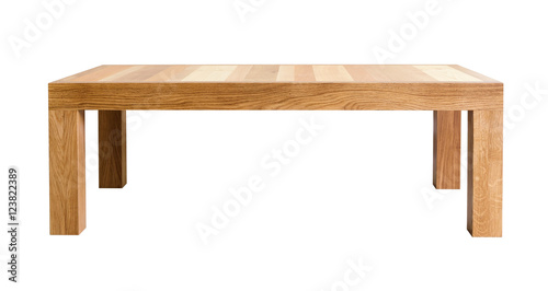 Coffee table with top made of different kinds of wood. White background, isolated