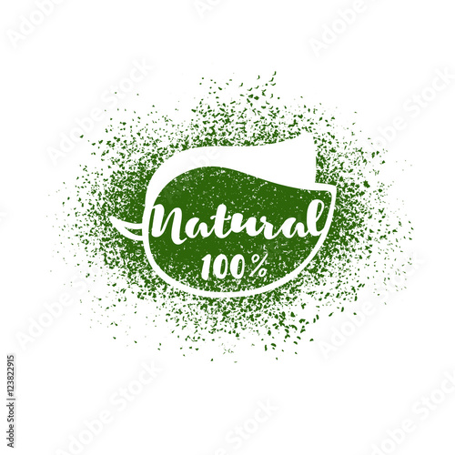 Vector leaf with lettering: natural 100 percent.