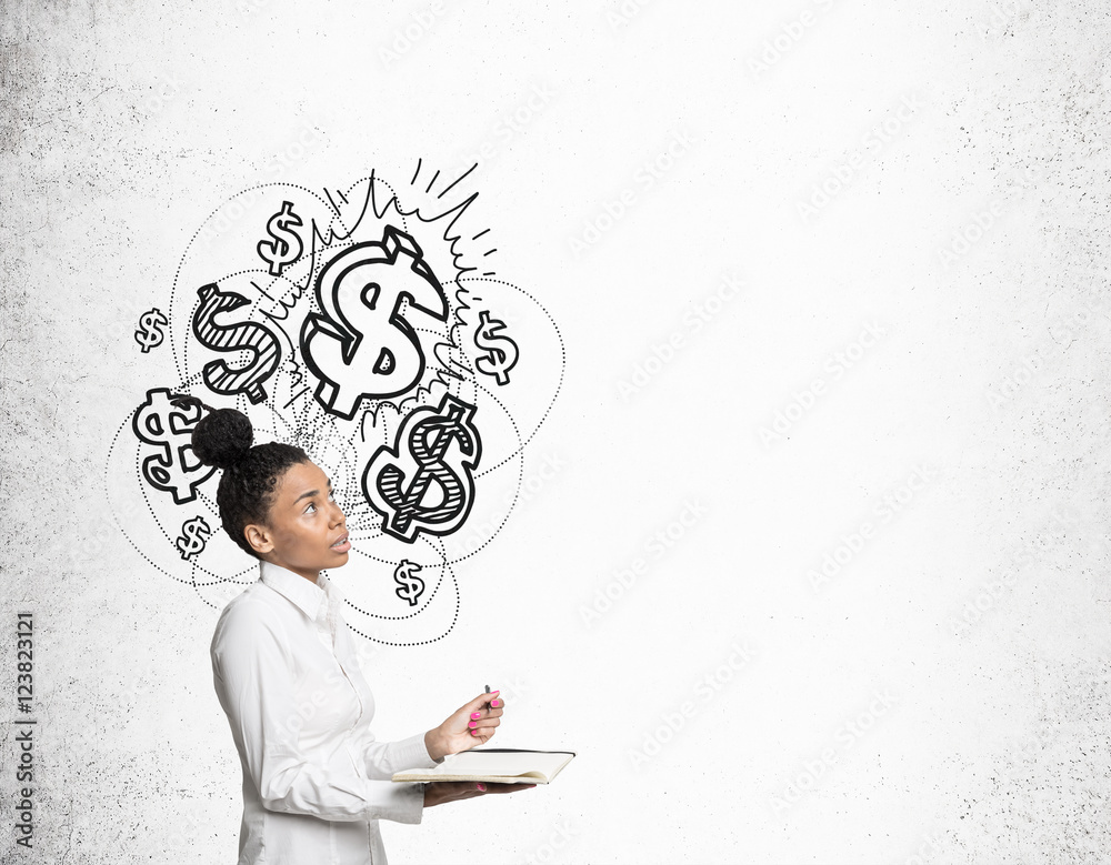 African girl with notebook and shiny dollar signs African girl with notebook and shiny dollar signs