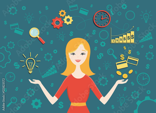 Flat design vector illustration of  young business woman shows converting of idea into money. Business idea concept