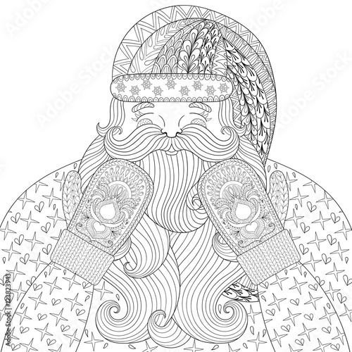 Happy Santa with knitted mittens in zentangle style. Hand drawn