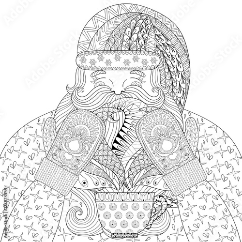 Happy Santa with knitted mittens, cup of tea in zentangle style.