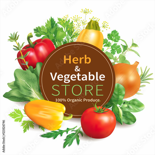 Herb and vegetable store background. Vector illustration.