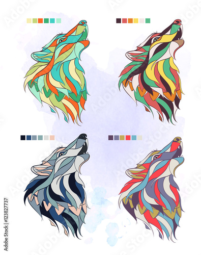 Set of colored wolfs on the grunge background. Different pallets. It may be used for design of a t-shirt, bag, postcard, a poster and so on.