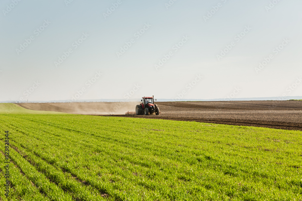 Farmer in tractor preparing land with seedbed cultivator Farmer in tractor preparing land with seedbed cultivator