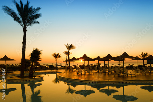 Swimming pool with palm trees at morning. Egypt photo