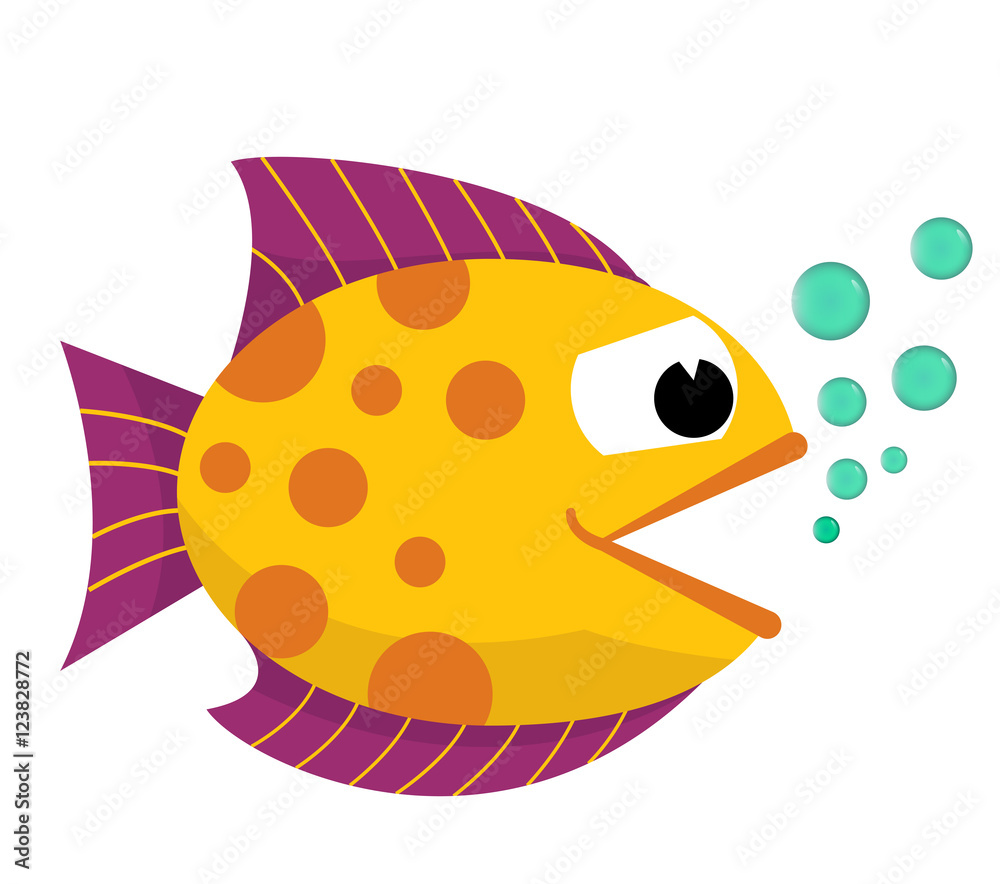 Cartoon happy fish with blowing bubbles flat icon vector illustration ...