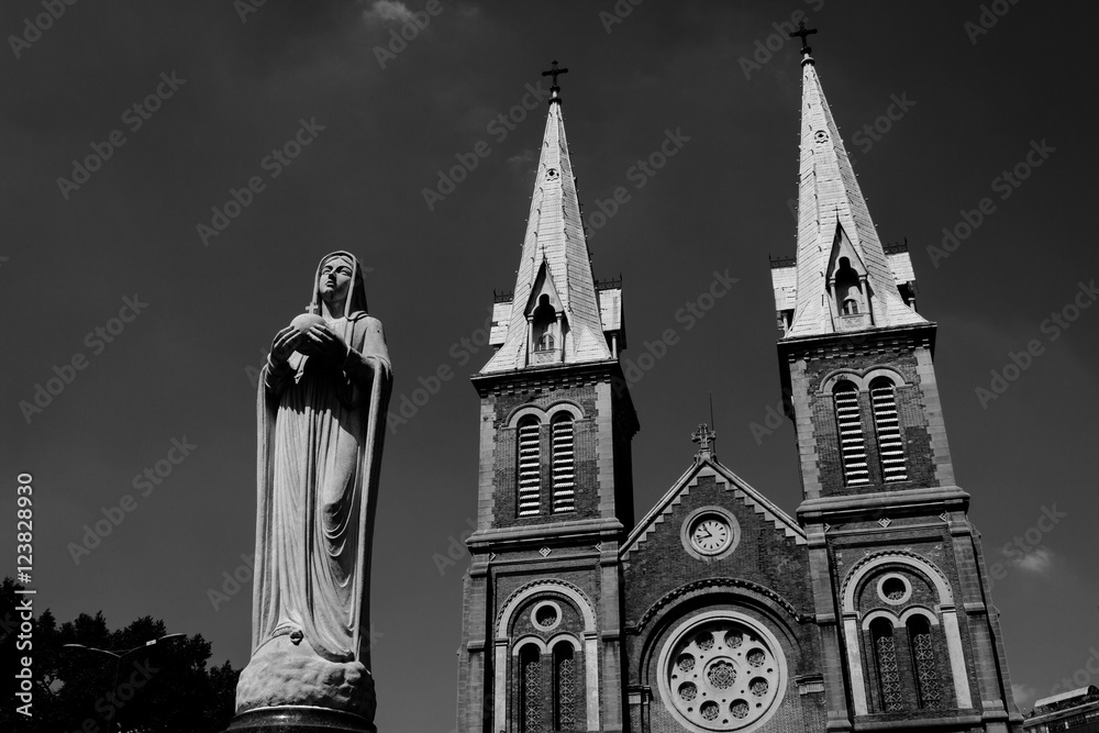 Saigon Notre Dame Cathedral Basilica in Ho Chi Minh city, Vietnam. Asia. Shoot in black and white shot with morning light and beautiful clear sky.