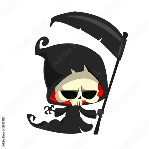 Cute cartoon grim reaper with scythe isolated on white. Cute Halloween skeleton death character icon