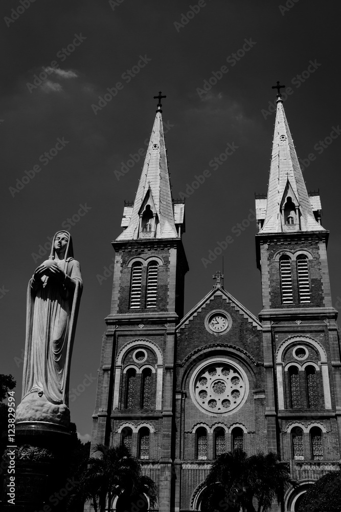 Saigon Notre Dame Cathedral Basilica in Ho Chi Minh city, Vietnam. Asia. Shoot in black and white shot with morning light and beautiful clear sky.