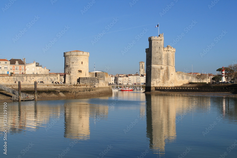 Medieval towers of La Rochelle, the French city and seaport located on the Bay of Biscay, a part of the Atlantic Ocean