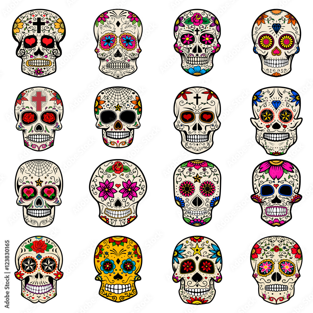 Set of Sugar skulls isolated on white background. Day of the dea Set of Sugar skulls isolated on white background. Day of the dea