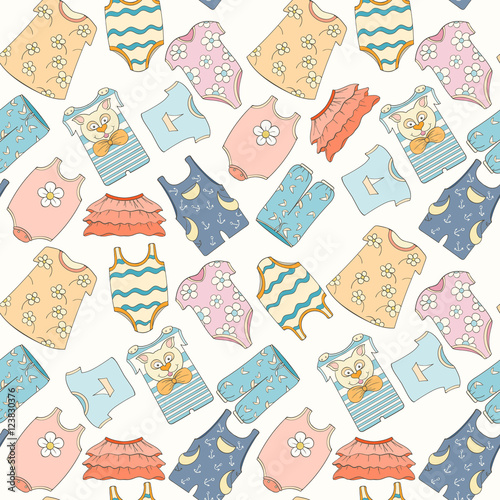 Hand-drawn seamless pattern of children cothes