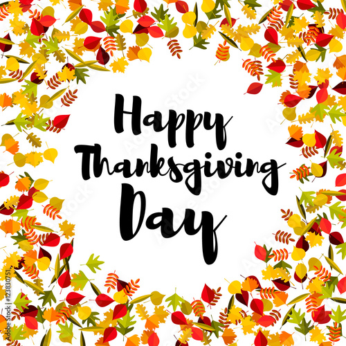 Frame from yellow autumn leaves with lettering. Happy Thanksgivi photo