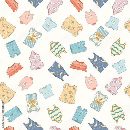 Hand-drawn seamless pattern of children cothes